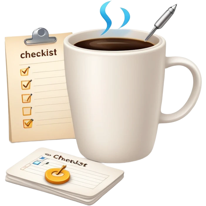 Coffee cup and checklist note connected by a glowing link or chain, showing habit stacking emoji