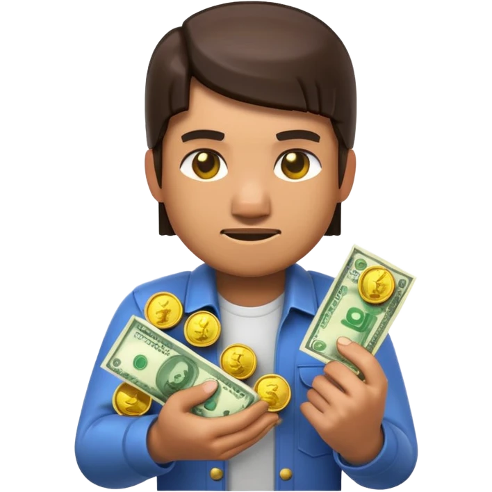 3D emoji, minecraft inspired character made of glossy plastic, holding money and gold coins, cinematic lighting, soft reflections, ultra detailed, centered, clean background, high resolution emoji