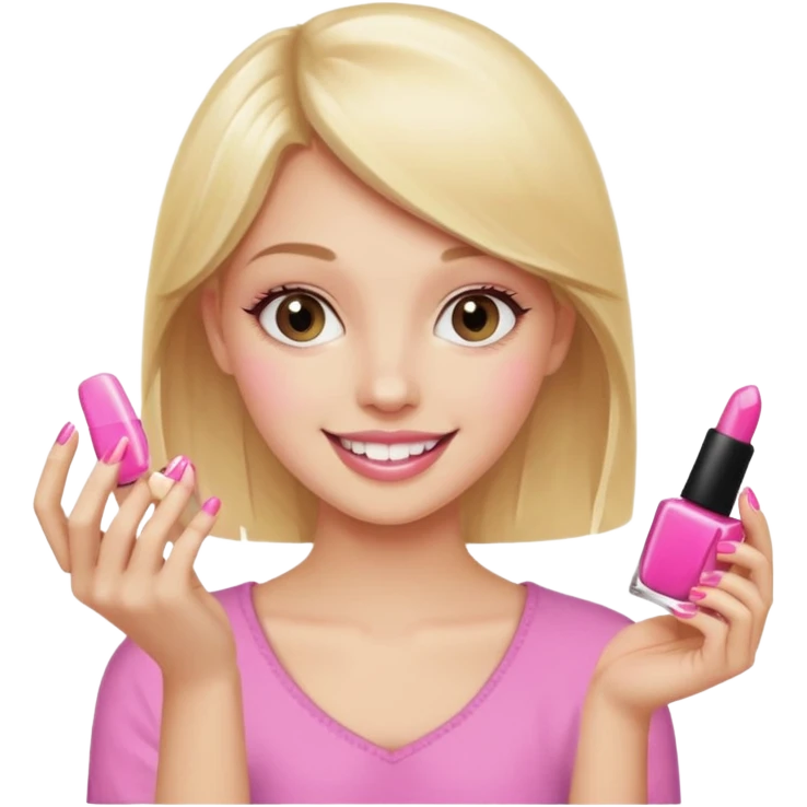 A happy blonde girl in pink holds nail polishes in her hand emoji