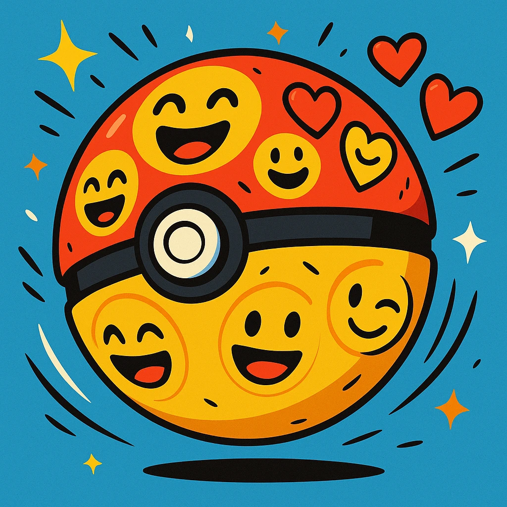 A Poké Ball decorated with various expressive emojis including smileys and hearts, lively animated style with motion lines and sparkles, dynamic and energetic emoji