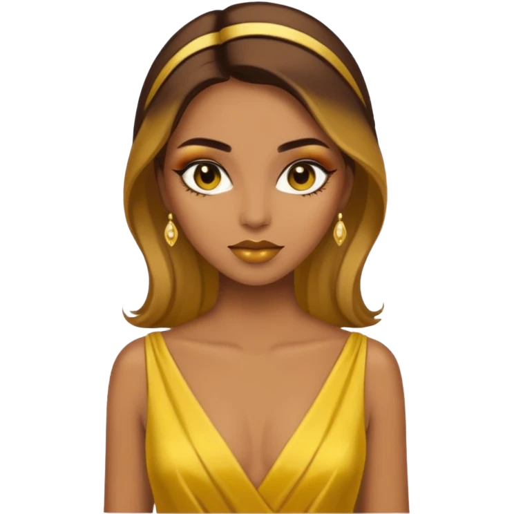 Woman using a long elegant yellow dress. She has medium skin tone and a brown with gold makeup emoji