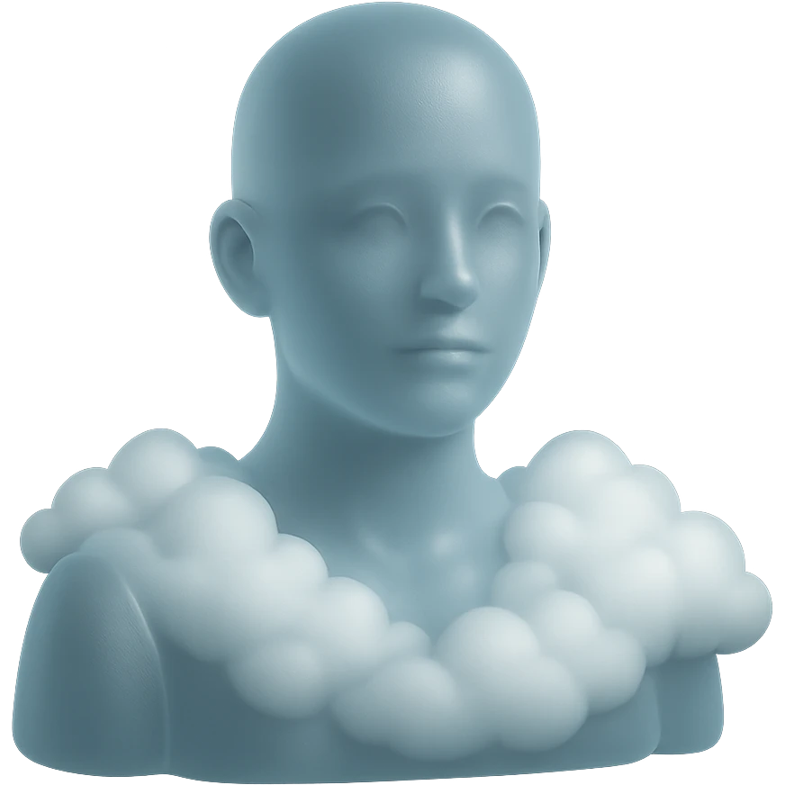 person looking straight ahead, shoulders filled with puffy white clouds, matte glass style emoji