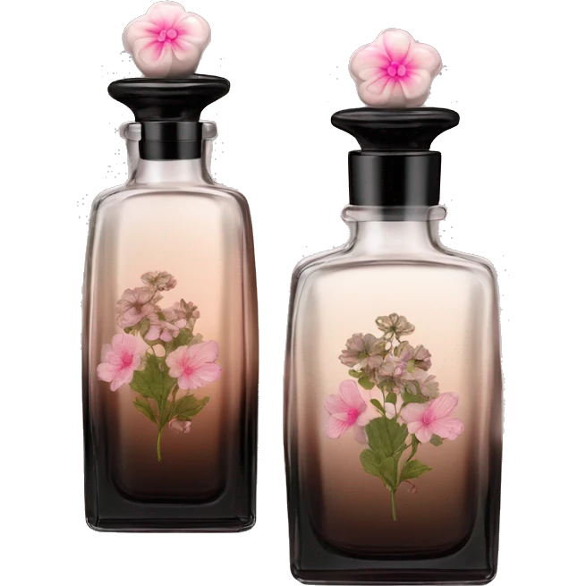 Two English vintage glass perfume bottles from my aristocratic grandmother, exquisite bottle shape, old and shabby, with label, stylish and minimalistic, black and brown with pink gradient, with little herbal and flowers  emoji