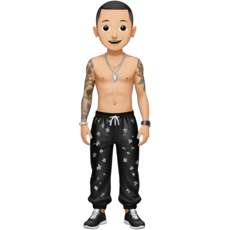 Chester Bennington with black sequin baggy pants, shirtless with necklace emoji