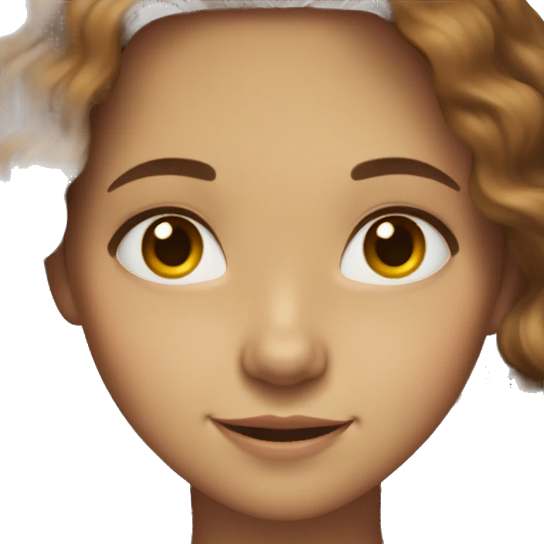 Girl with long wavy brown hair, brown eyes, red cheeks and smile emoji