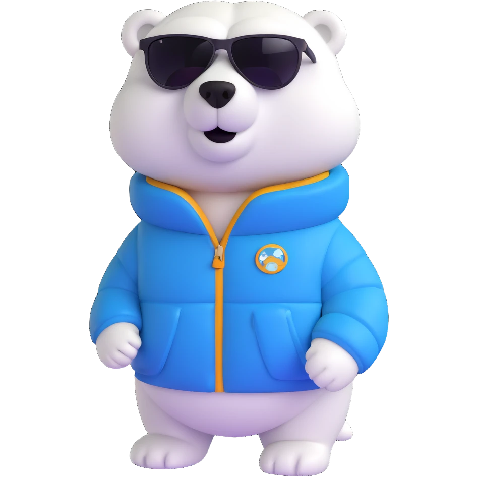 polar bear wearing a white puffer jacket and sunglasses  emoji