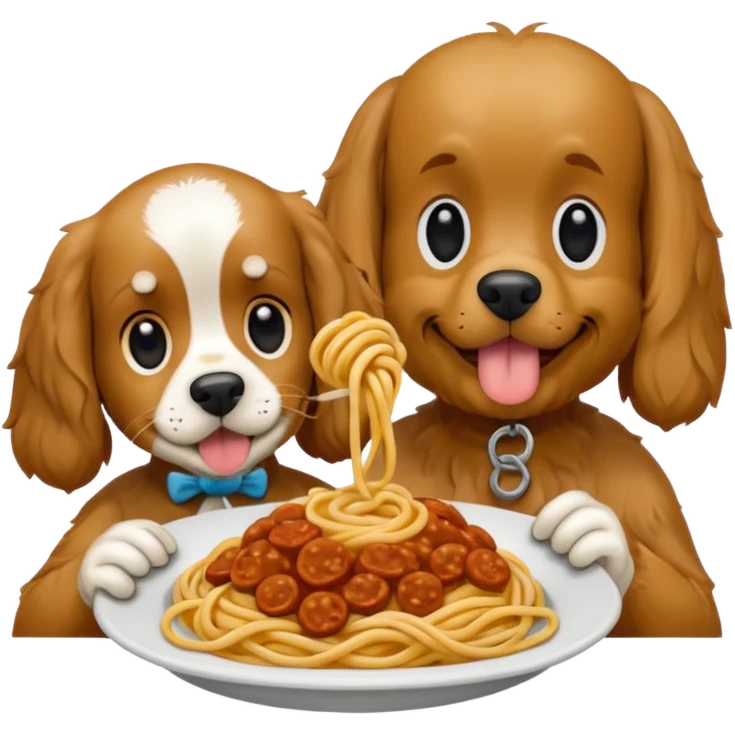 American Cocker Spaniel and Mongrel Eat Spaghetti Between Them, iphone emoji style, reference image: https://attic.sh/7pfc4fbn6y0ij1bao69rntq1w5mv emoji