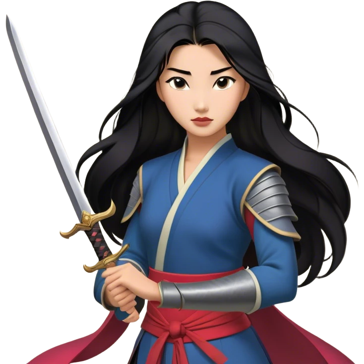 Cinematic Realistic Mulan Portrait, depicted with lifelike skin texture, soft natural lighting, and intricately detailed long black hair styled elegantly. Her deep, expressive eyes exude determination and grace, complemented by a serene yet confident expression. She stands with one hand resting on the hilt of her sword, the other by her side, exuding strength and poise. She is dressed in her classic attire, with rich fabric textures and delicate folds that catch the light beautifully. The portrait features a soft, enchanting glow with a natural, radiant finish, capturing the essence of timeless strength and beauty in a realistic and painterly style, evoking a sense of depth and authenticity. emoji