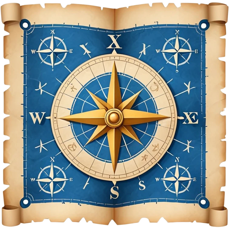 blue blueprint with white lines and treasure map elements including X mark, dotted path, compass rose emoji