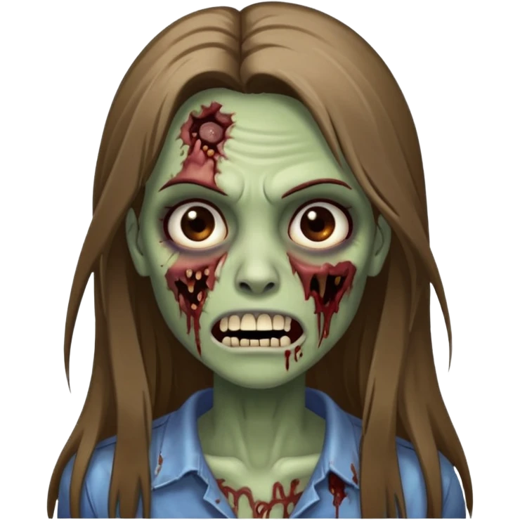 a zombie woman with straight brown long hair, a bruised mouth, and a smile  emoji