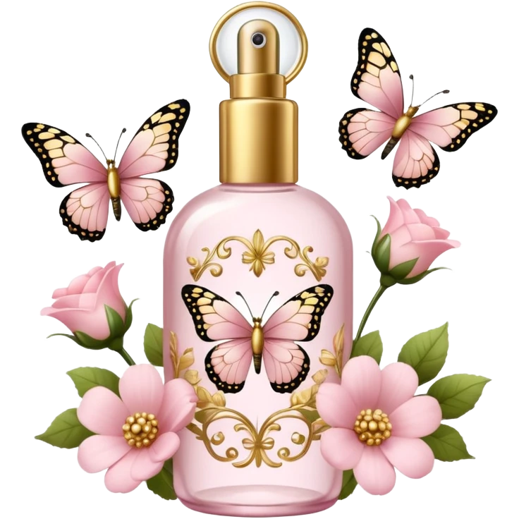 Light pink body mist bottle with gold butterflies and flowers   emoji