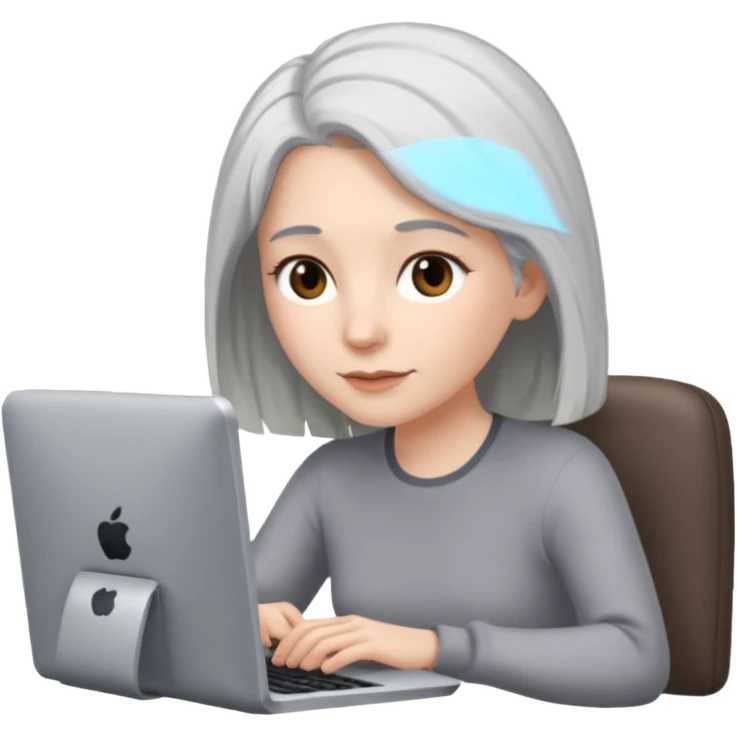 white female grey hair, brown eyes, hair  all one length on a computer emoji