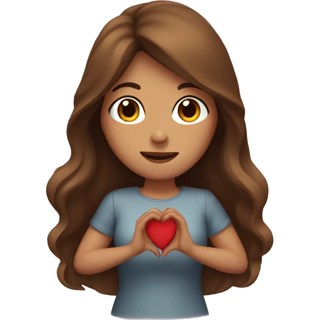 A woman with Long brown hair showing a heart with her hands  emoji