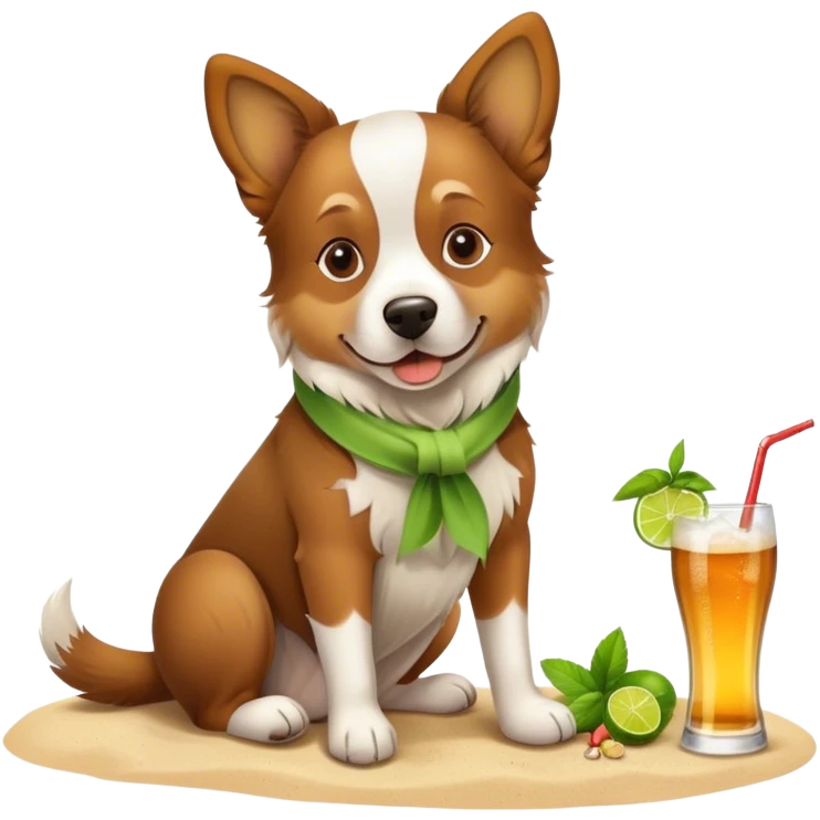 A dog sittign on the beach with a glass off mojito and empty beer bottle at his side emoji