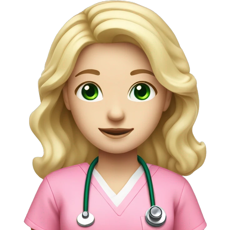 pale blonde girl with long wavy hair and green eyes wearing pink scrubs and stethoscope  emoji
