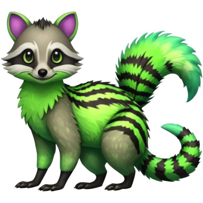 Iridescent Neon Green Civet-Numbat-Sergal-fusion-hybrid-animal-creature, full body emoji