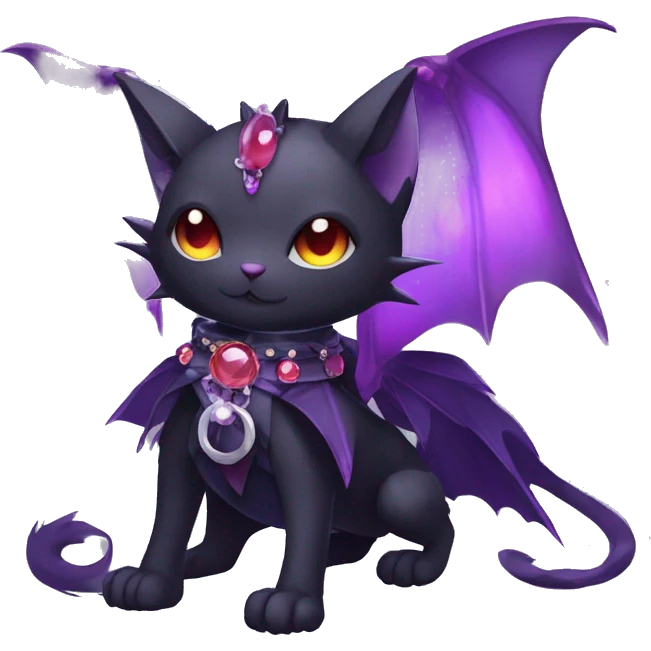 cool kawaii black purple red ethereal fantasy beautiful elegant nargacuga-bat-cat-Fakemon wearing legs spats a collar harness with jewelries full body emoji