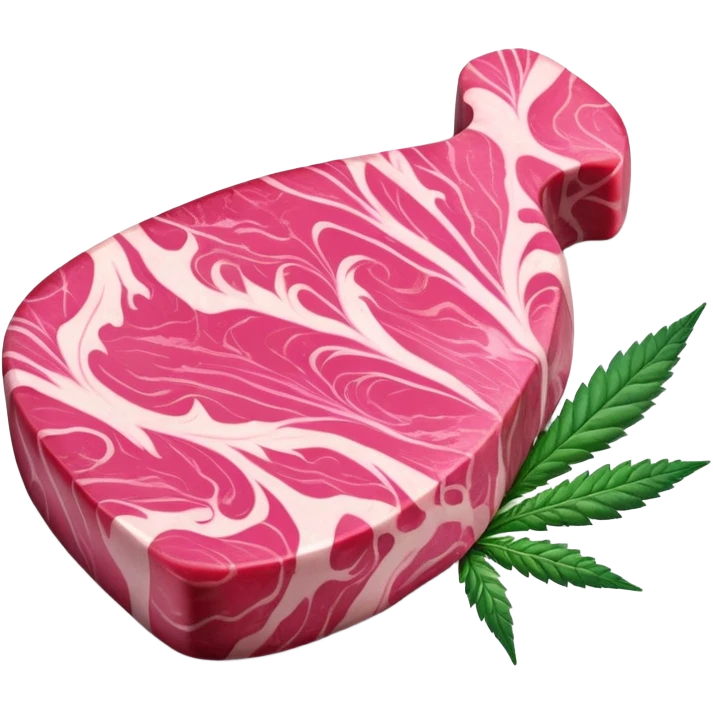 Pink marbled wagyu beef steak with cannabis leaf garnish emoji
