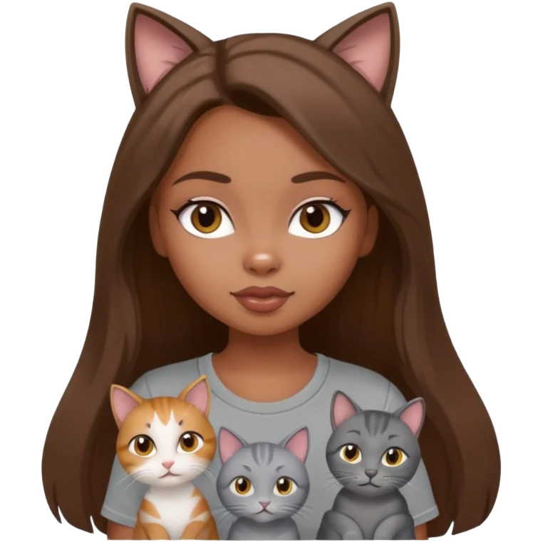 a pretty bratz dusky girl with long brown hair with four cats nd wearing a grey tshirt emoji