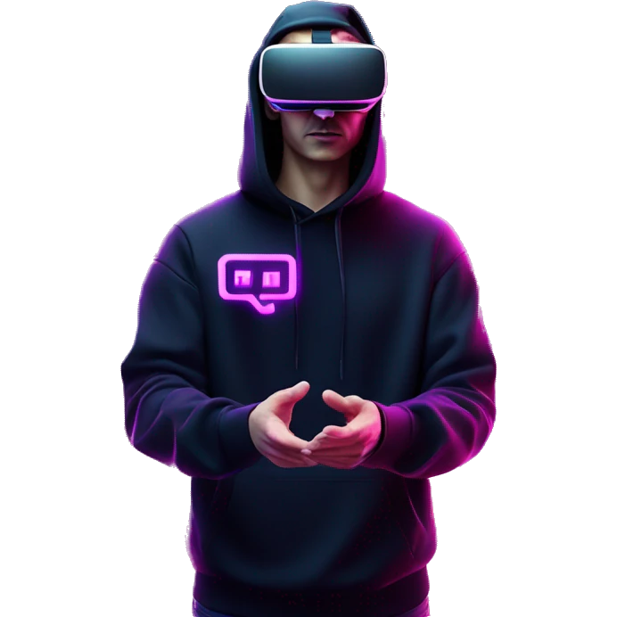 Russian man wearing a black hoodie with "OMG" letters on it and VR headset oculus quest 2 in a cyberpunk VR environment with violet neon lighting. Showing direction with hand emoji