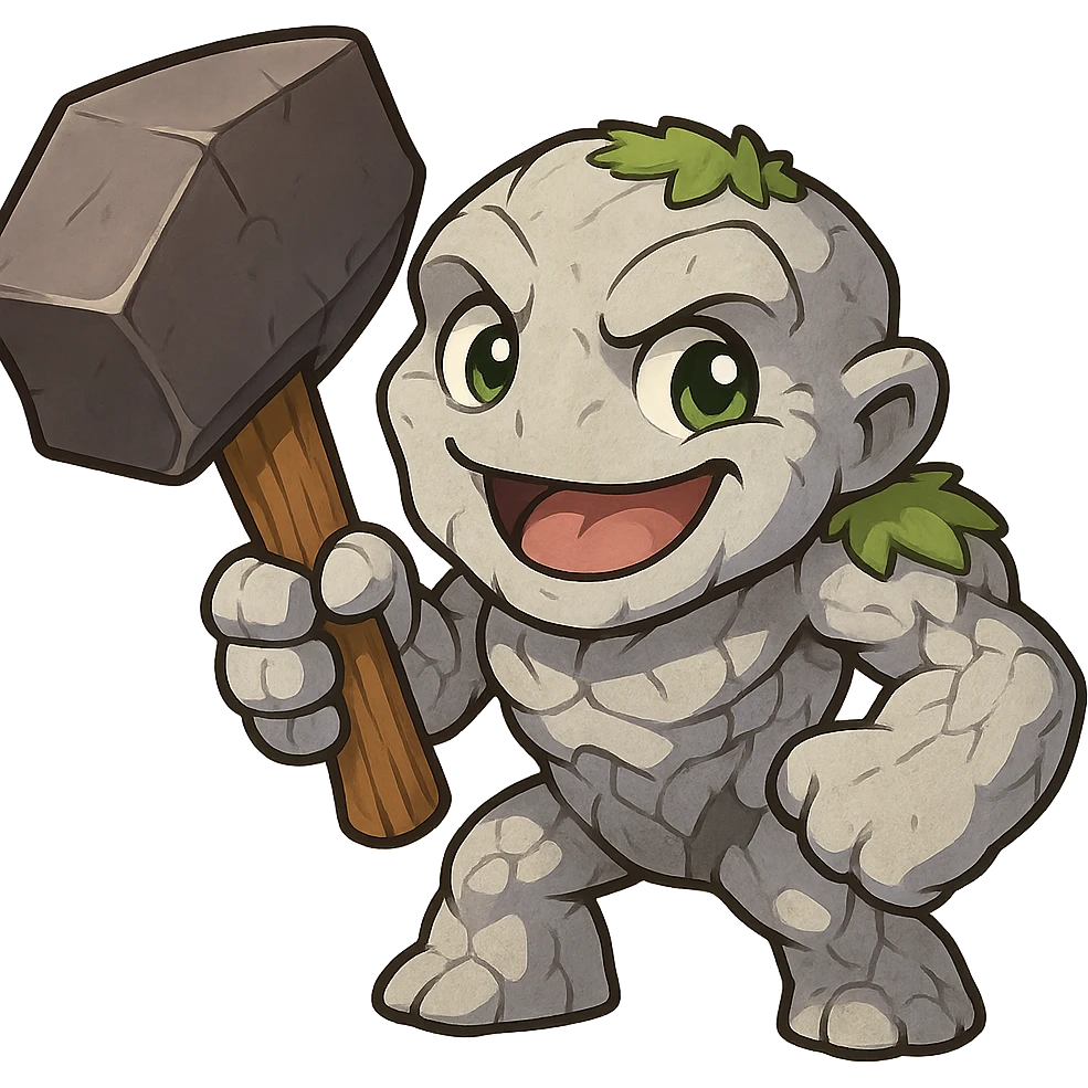 Tiny from Dota 2 in a cute chibi-style cartoon redesign, holding an oversized hammer, playful expression emoji