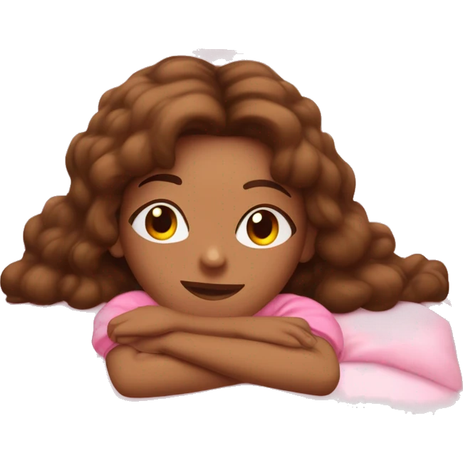 Girl with golden skin and brown hair in long loose ways wearing cute pink pajamas, laying her head on a pink pillow ￼ emoji