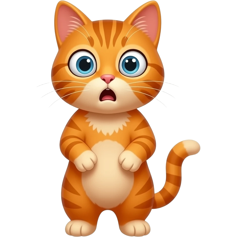 A little orange cat standing up like a little person, looking very surprised and shocked. All his body is dark orange. emoji