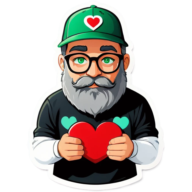 A bold man with a grey baseball cap, green eyes, big beard and glasses holding heart emoji