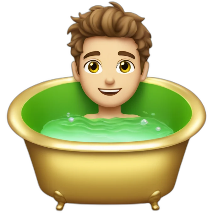 Posh-muscle-boy-brown-hair-green-eyes-pearl-necklace-in-golden-bathtub emoji