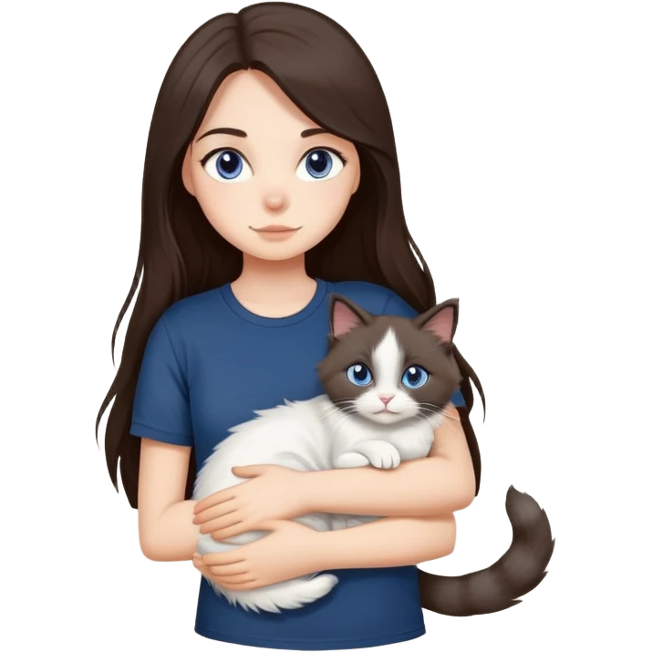 a girl with long dark brown hair, grey eyes, in a navy blue tshirt is hugging a ragdoll cat emoji