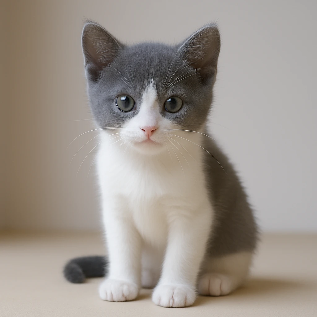 Make the cat look younger, like a kitten, with fur only gray on top and no stripes, white nose and underbelly, in a realistic and lifelike style. emoji