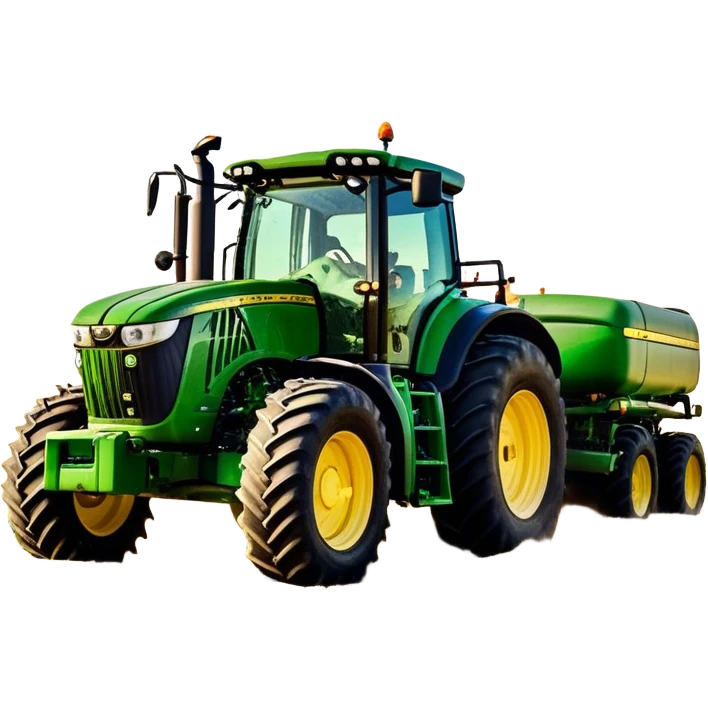 John Deere 6155M (2020) – Cinematic-realistic John Deere 6155M tractor, its iconic green and yellow body rolling across vast Australian farmlands. The powerful engine hums as it tows a massive plow, cutting through golden fields under a clear blue sky, dust rising in its wake. emoji