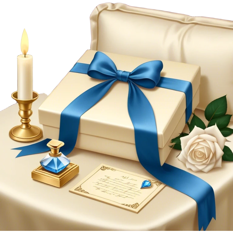 A carefully folded love letter, tied with a silky blue ribbon, sits on a velvet cushion. Beside it stands a tall crystal perfume bottle, exuding the soft scent of white roses. Pearl butterflies hover above the table, as the warm glow of candlelight reflects off the golden wax seal. emoji