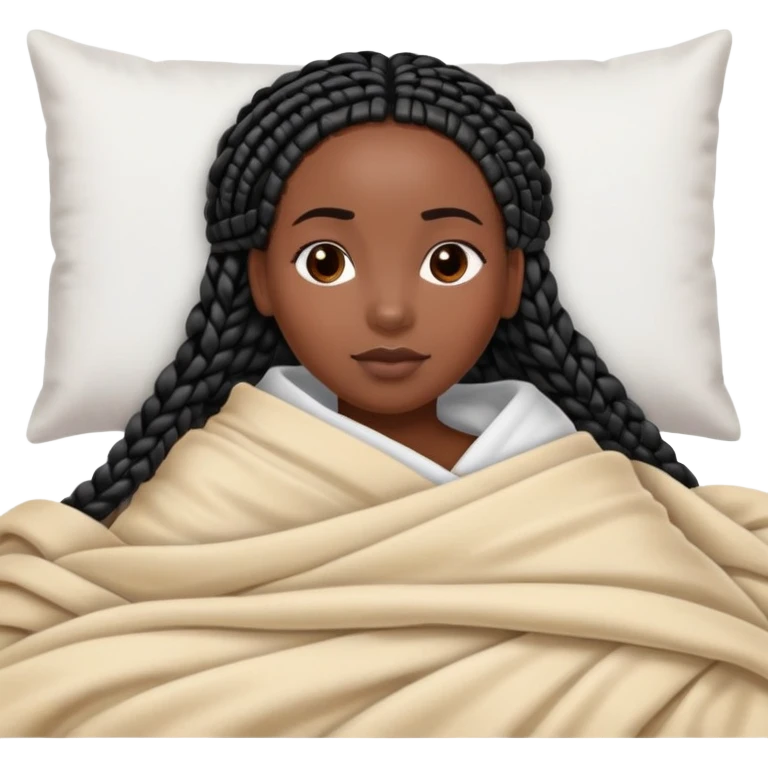 A dark-skinned Black woman with black box braids, lying on her side in bed, wrapped in a blanket, resting on a pillow emoji