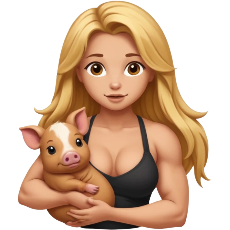 muscled sexy girl, horny, big butt, holding cute brown minipig, long golden hair emoji