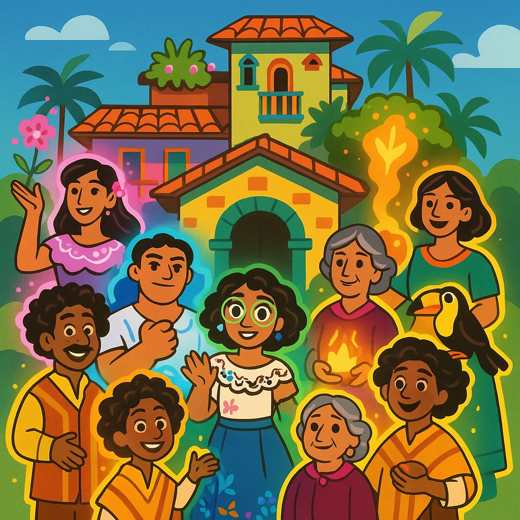 The Encanto family, animated style, bright colors, each character with a magical aura, standing together in front of their magical house emoji