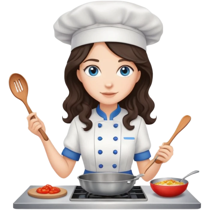 A girl with long, dark brown, wavy hair, grey-blue eyes. He cooks in the clothes of a cook emoji