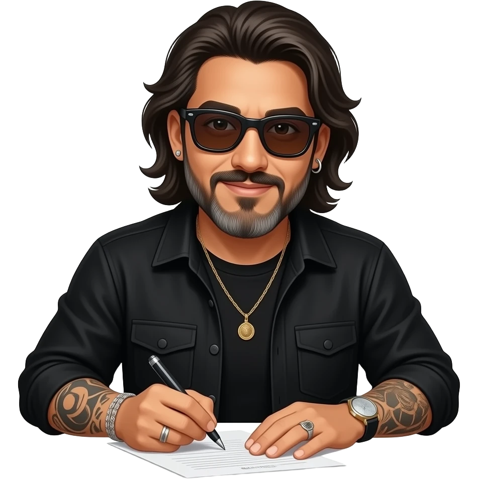 The handsome manly Latino podcast host with medium length hair, a long slightly graying beard and tattoos with his ears pierced 1 time each ear and a nose ring on the right side, dark brown eyes, wearing black, super dark sunglasses, jewelry, getting a divorce emoji