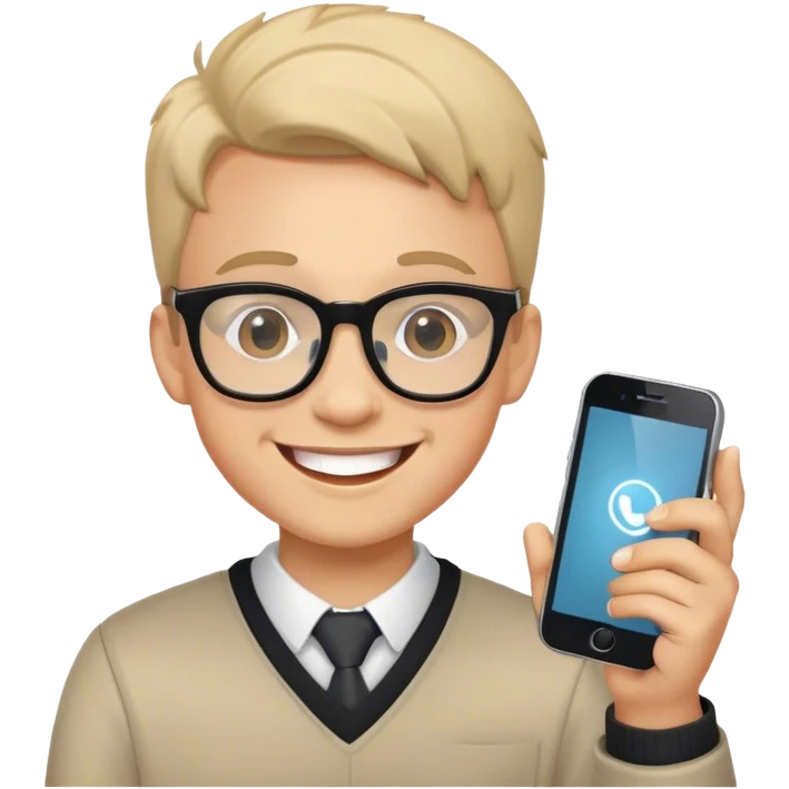 boy with a phone in hand, with big smile and glasses emoji