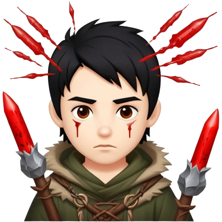 Blood, boy with black hair and druid clothes, casting blood missiles emoji