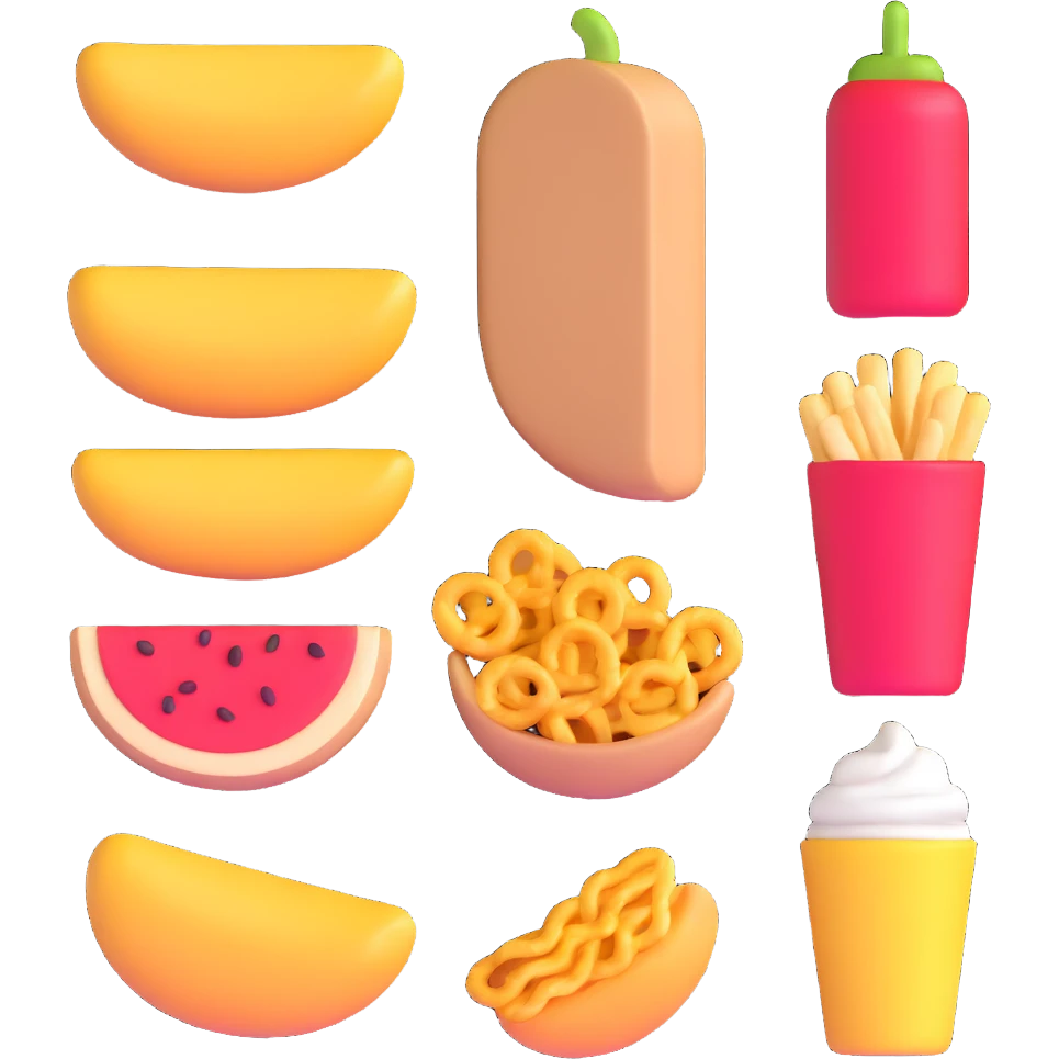 row of 3d food snacks emoji