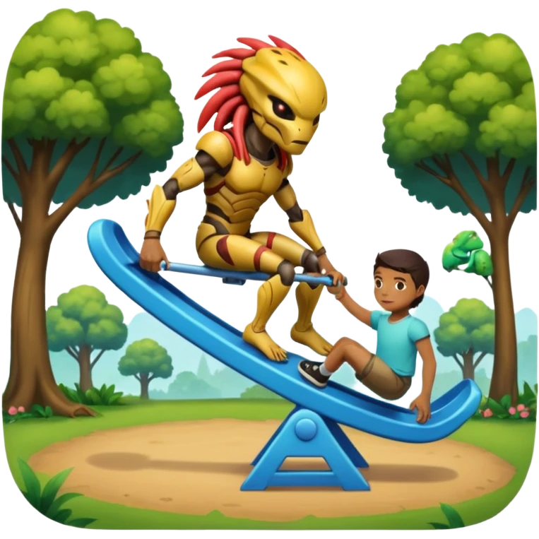 The Predator, in a dream like park, pushing unwilling the alien in a seesaw. emoji