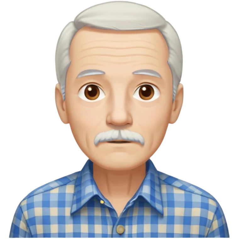 Thin elderly man with light skin. Elongated face with kind expression. Light brown eyes. Thin eyebrows. White goatee and white mustache. Very long, straight fine gray-white hair that reaches shoulders, with some bangs. Slim build. Wearing a blue and beige checkered button-up shirt. emoji