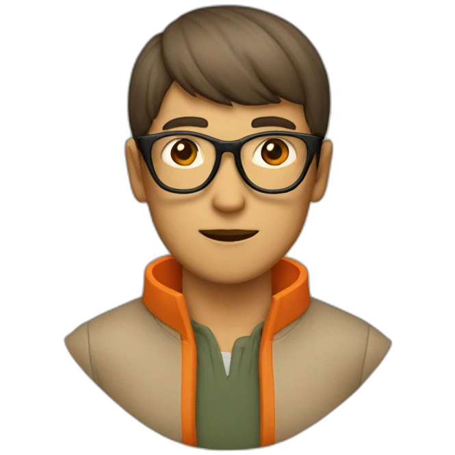 a man with a bowl cut brown glasses, a orange jacket emoji