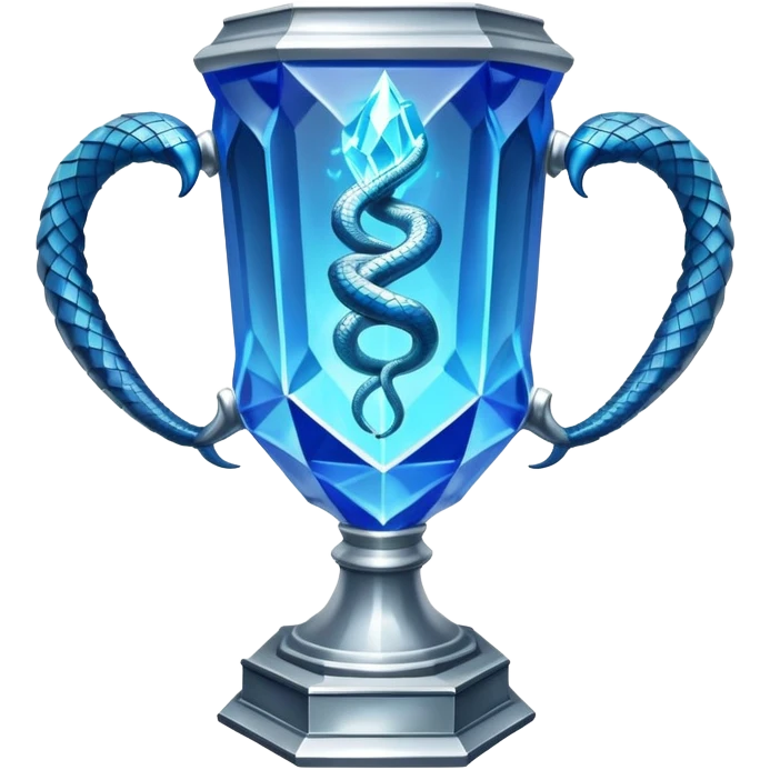 exact replica of Harry Potter Triwizard Cup trophy, hexagonal faceted cup with two curved snake handles, silver with blue glow emoji