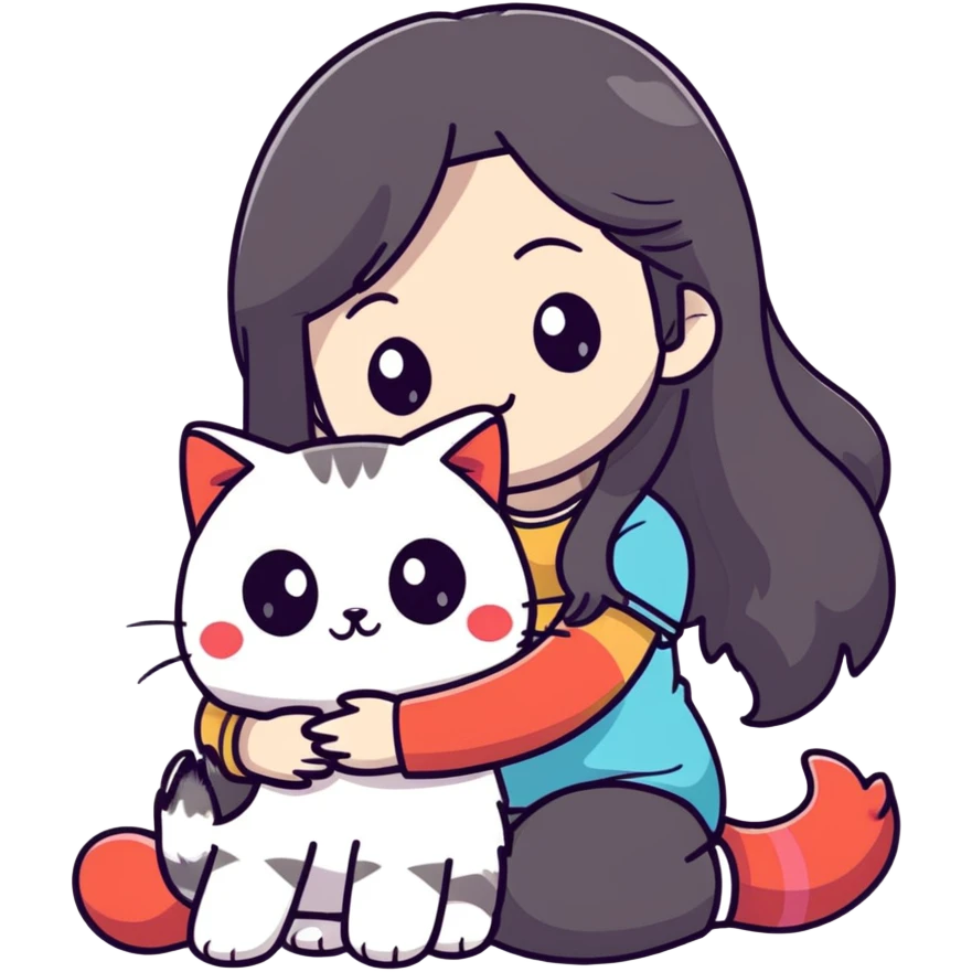 Girl with straight black long hair hugging a colorpoint ragdoll plush toy and a tricolor long-haired cat emoji