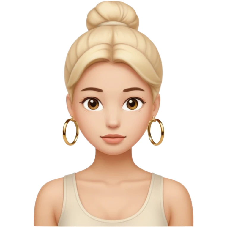 “Emoji girl, flawless skin, light peach blush, natural fluffy brows, glossy nude lips, sleek low bun, small gold hoops, minimalist white tank top.” emoji