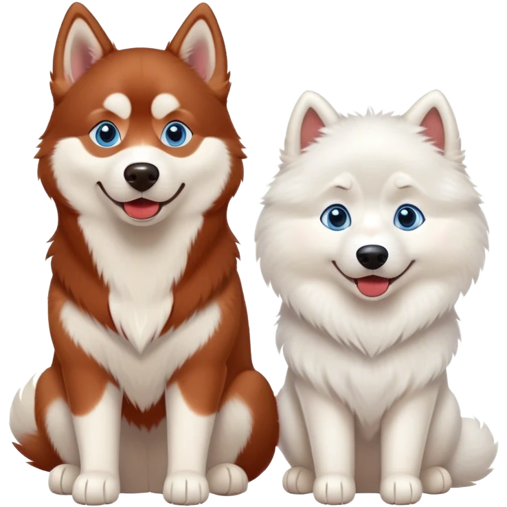 disney-style red siberian husky with blue eyes and a samoyed, both sitting, best friends emoji