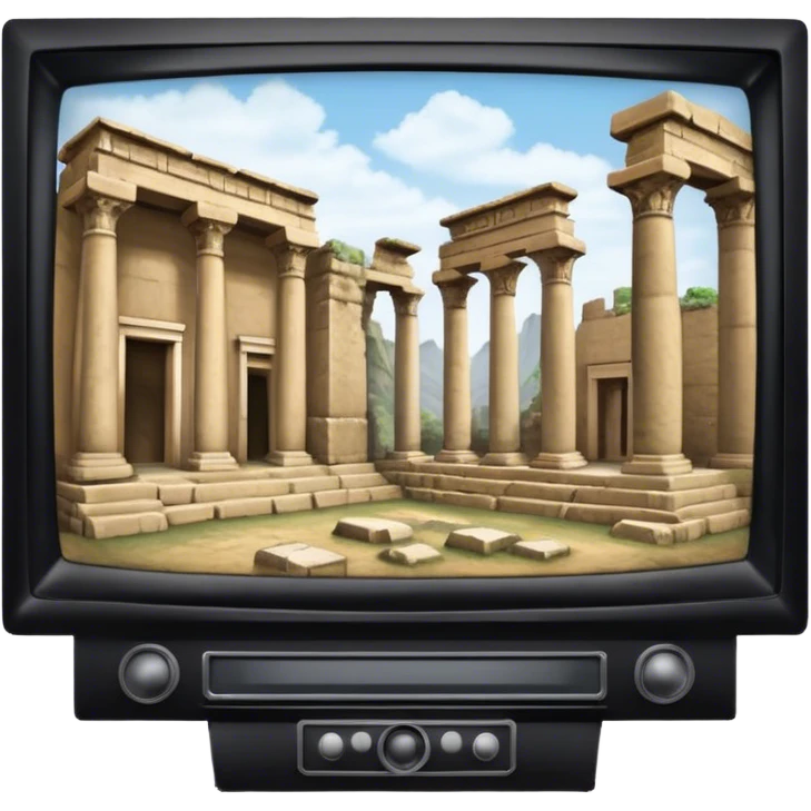 Icon for Documentary Film (TV style): A large TV screen with a host presenting in front of video footage showing ancient ruins. The design should evoke a vintage TV broadcast with historical content, complete with a clear view of the host and the ruins behind. Transparent background. emoji