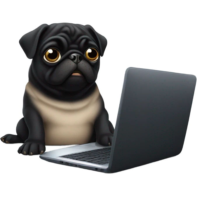 Black pug using a laptop emoji